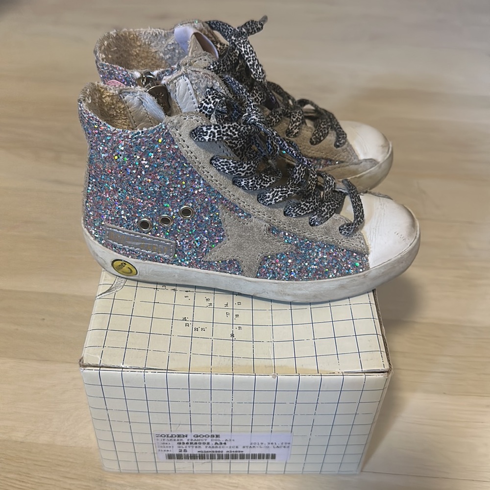 Kid’s Golden Goose glitter high top sneakers